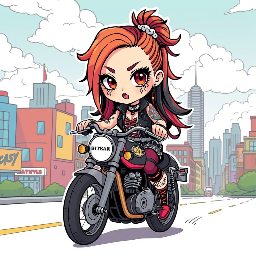 Chibi Punk Biker in Vibrant Cityscape