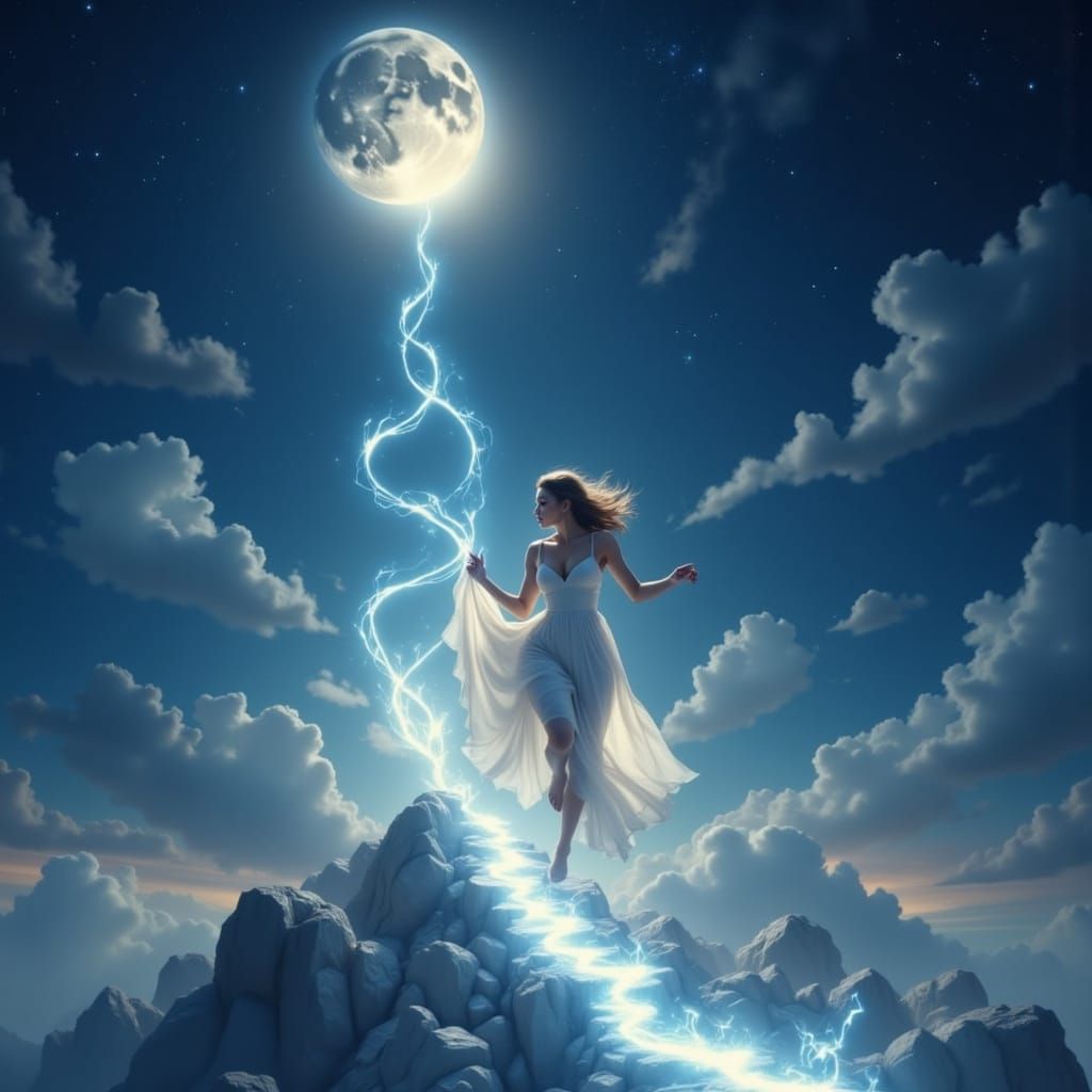 Woman Ascends Ethereal Moon Beam in Night Sky