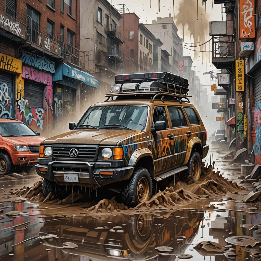 Muddy SUV in City, Graffiti Splash Art