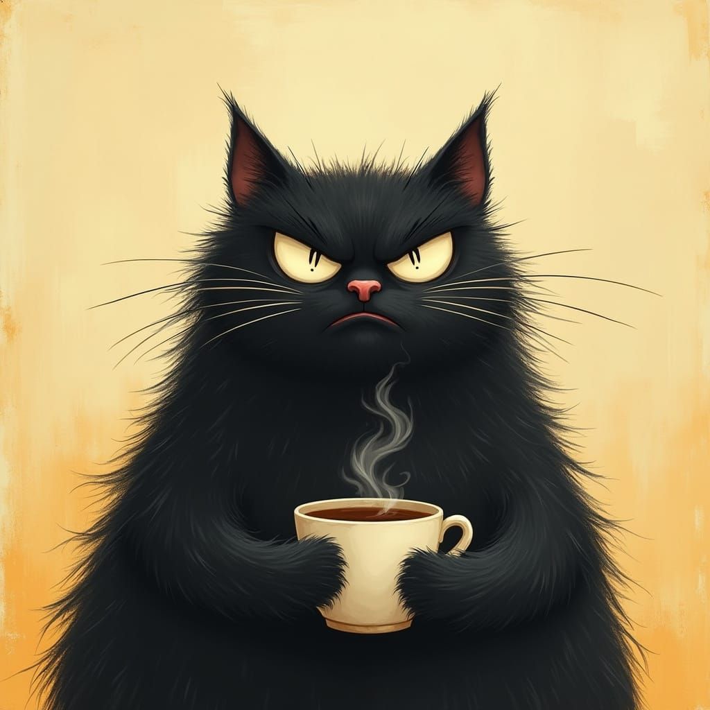 Grumpy Cartoon Cat with Coffee in Painterly Style
