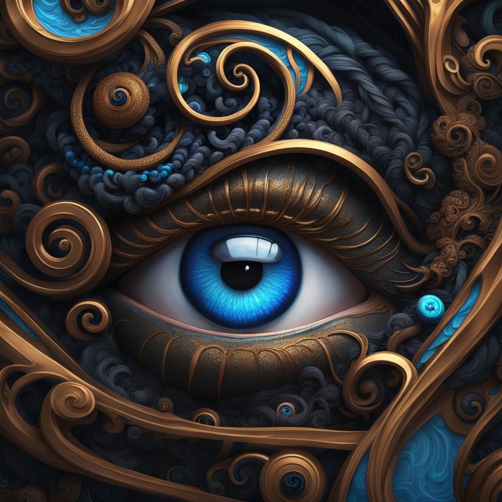 Exotic Blue-Eyed Portrait with Black Spiral Curls