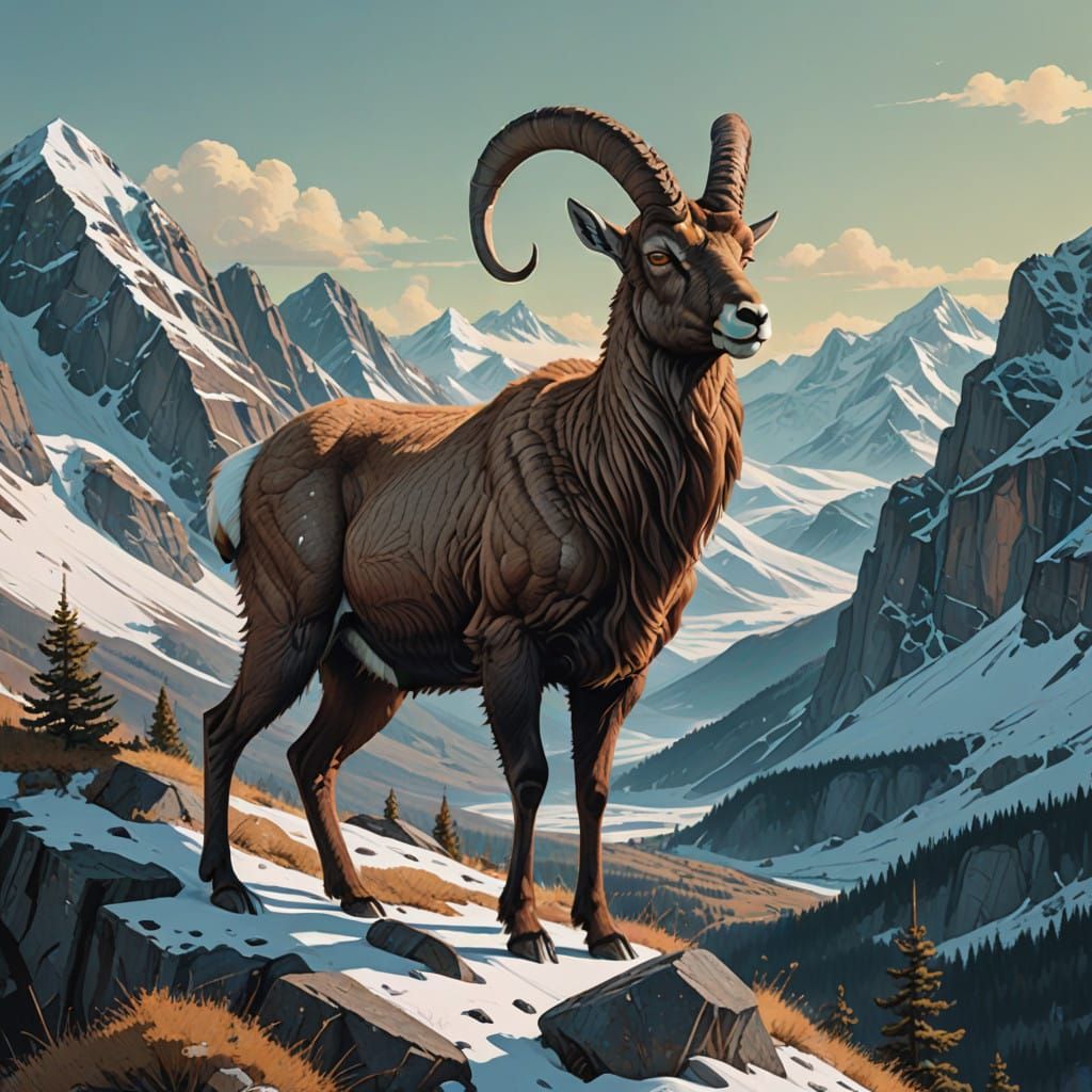 Majestic Ibex Standing on Granite Hillside in Hyperrealistic...