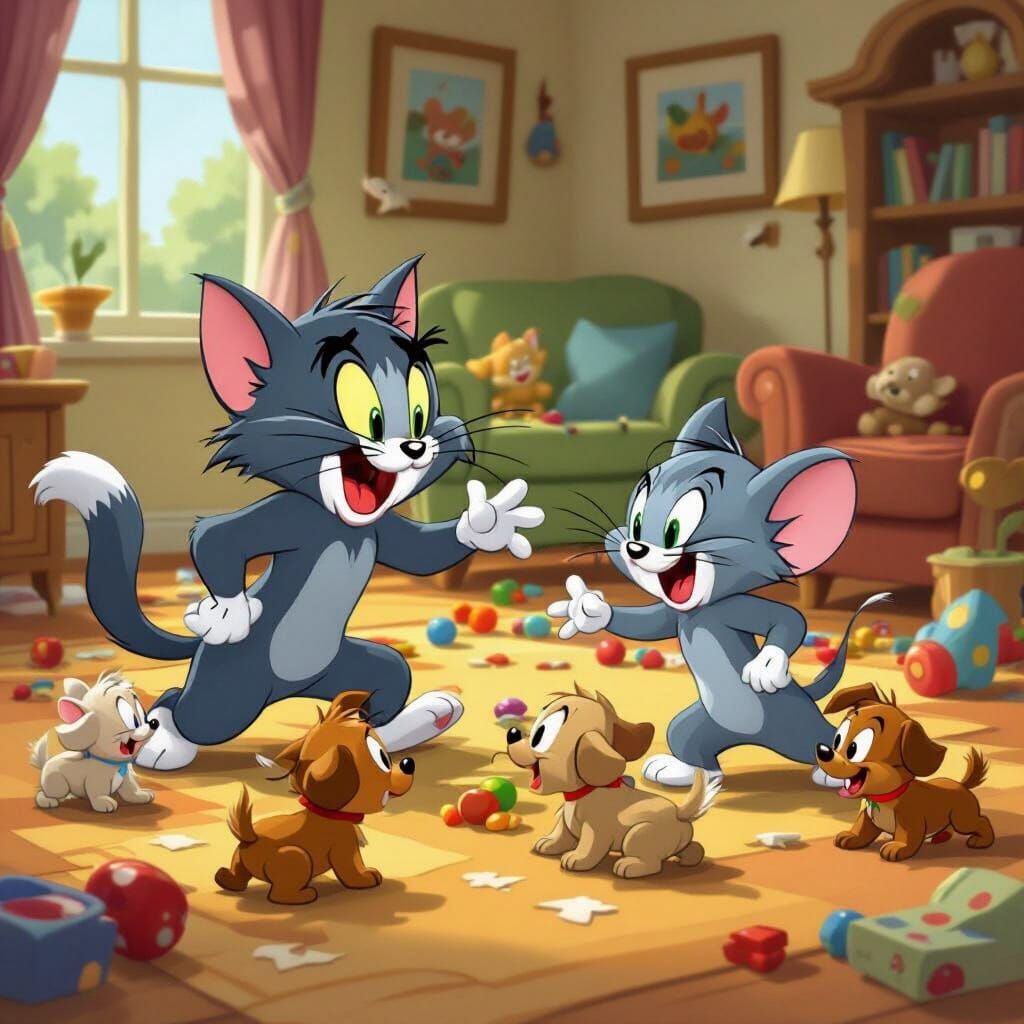 Cartoon Cat and Mouse Playful Fight with Puppies