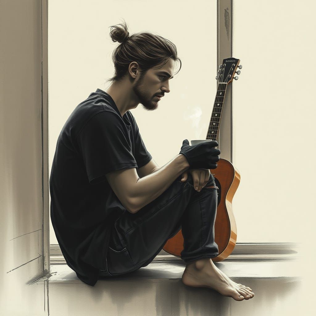 Contemplative Young Man in Moody Charcoal Sketch