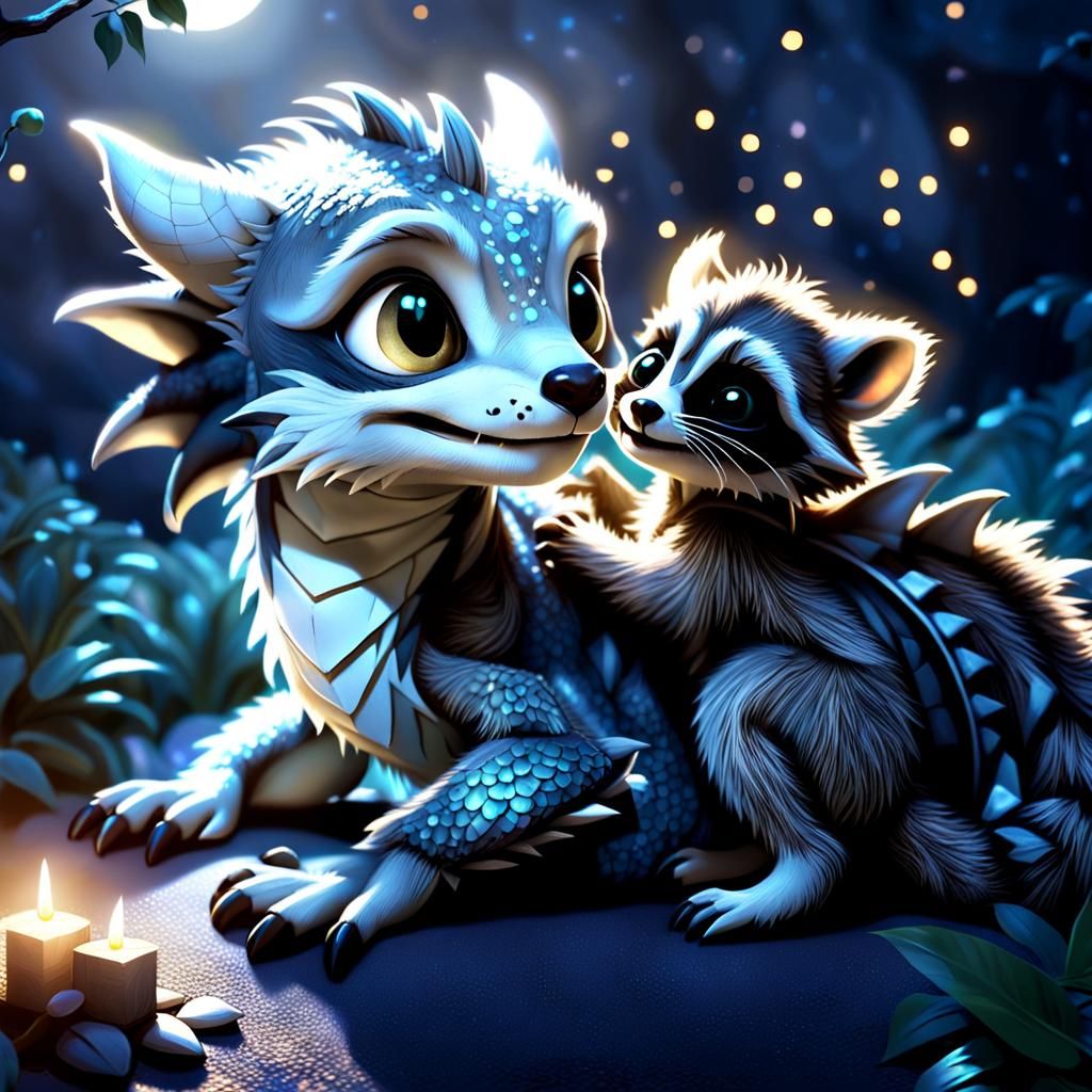 Baby Dragon and Raccoon Friendship in Moonlight