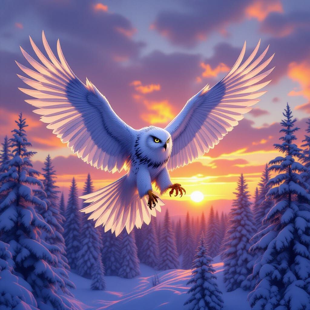 Majestic Griffin Soars Through Snowy Forest at Sunset