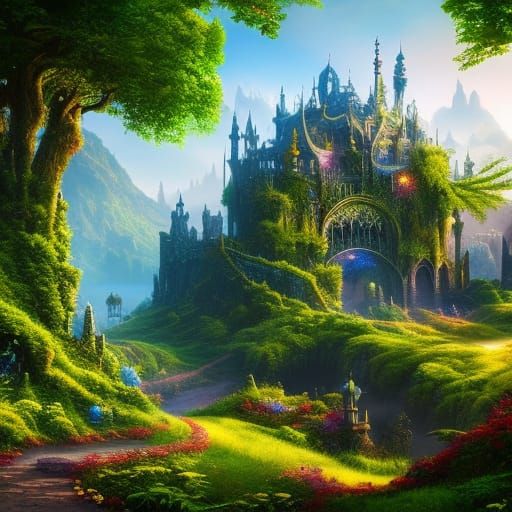 Enchanted Garden with Abandoned Ruins in Fantasy Art
