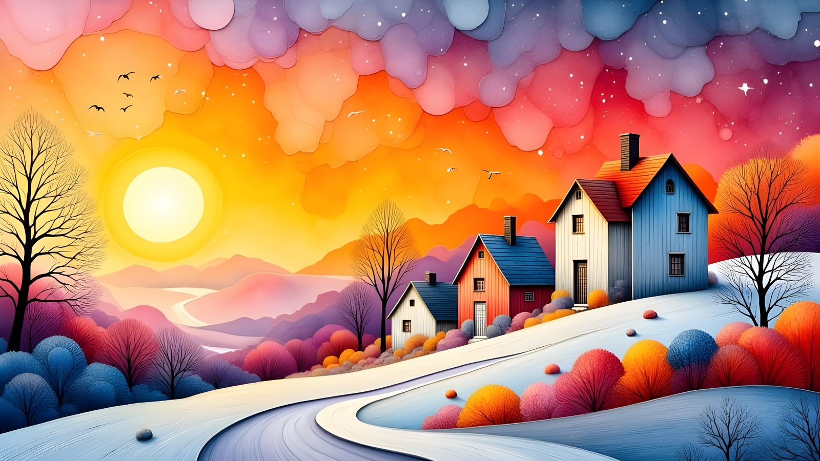 Bright Winter Sunset Over Hilly Landscape in Paper and Lace