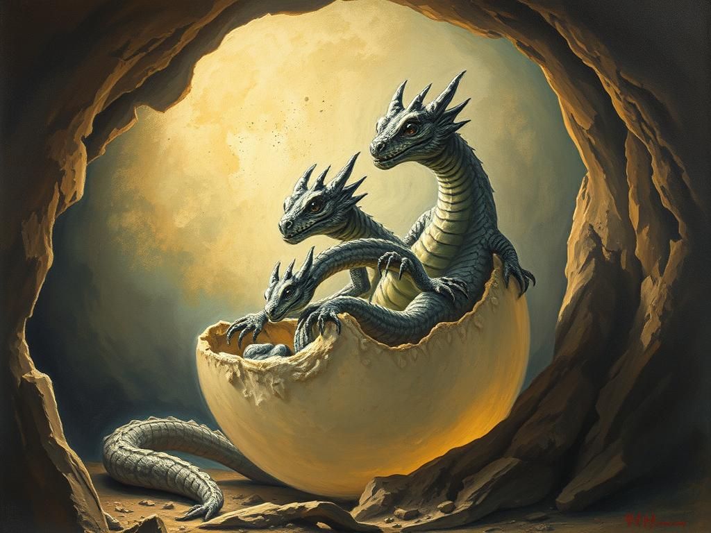 Surreal Multi-Headed Dragon Hatching, Old Masters Style