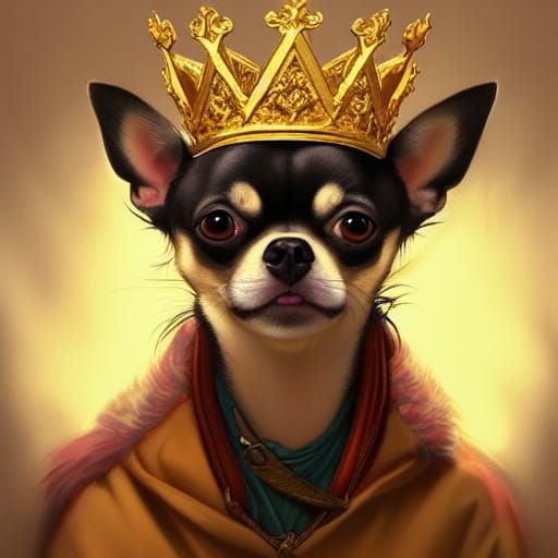 Crowned Chihuahua Portrait in Anime Key Visual Style