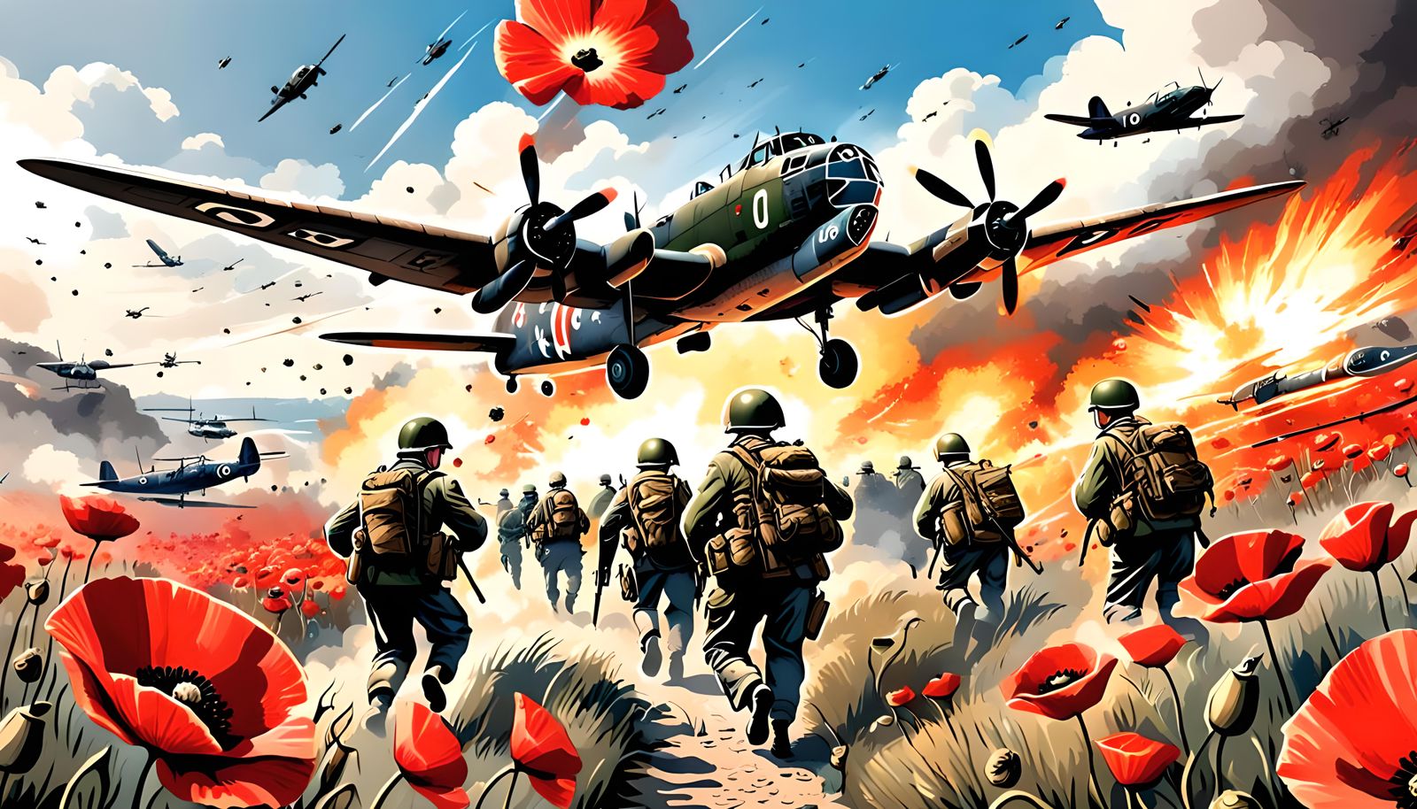 Hyperrealistic D-Day Landing with Poppies