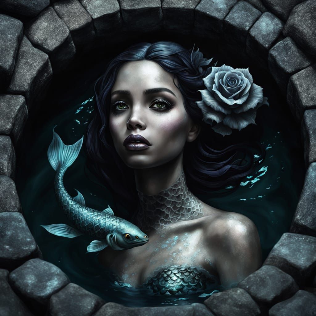 Dark Fantasy Mermaid Emerges from Ancient Well