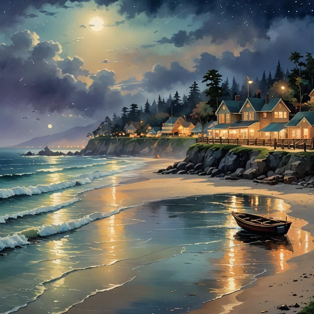 Night Beach Vector Illustration in Gouache Style
