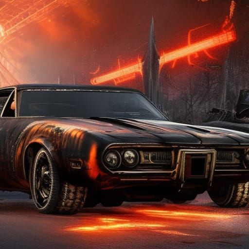 Steampunk Road Warrior Car in Dark Horror Art