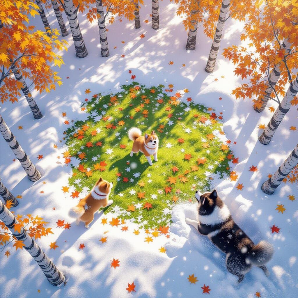 Puppy Plays in Snowy Autumn Clearing