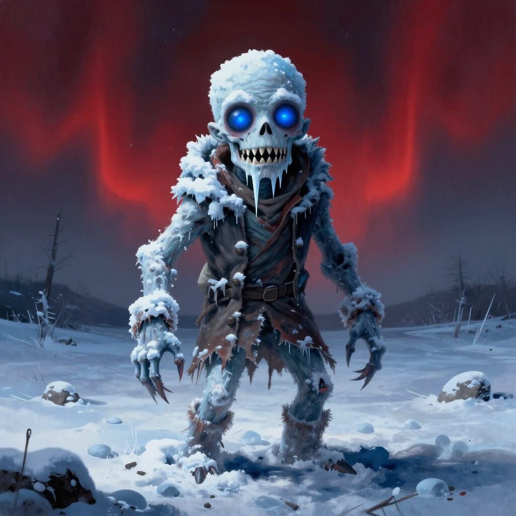 Surreal Snowman Creature in Frozen Landscape