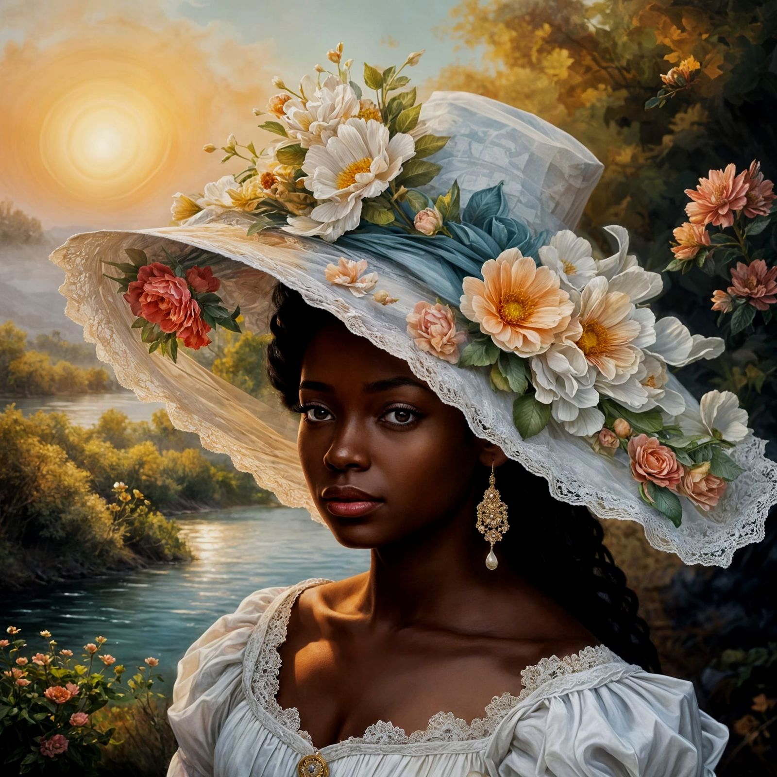 African Woman Portrait in 18th Century Attire, Monet Inspire...