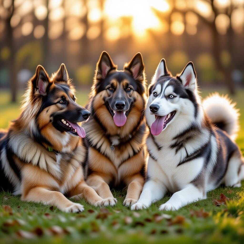 Three Dog Breeds Play in Dog Park at Golden Hour