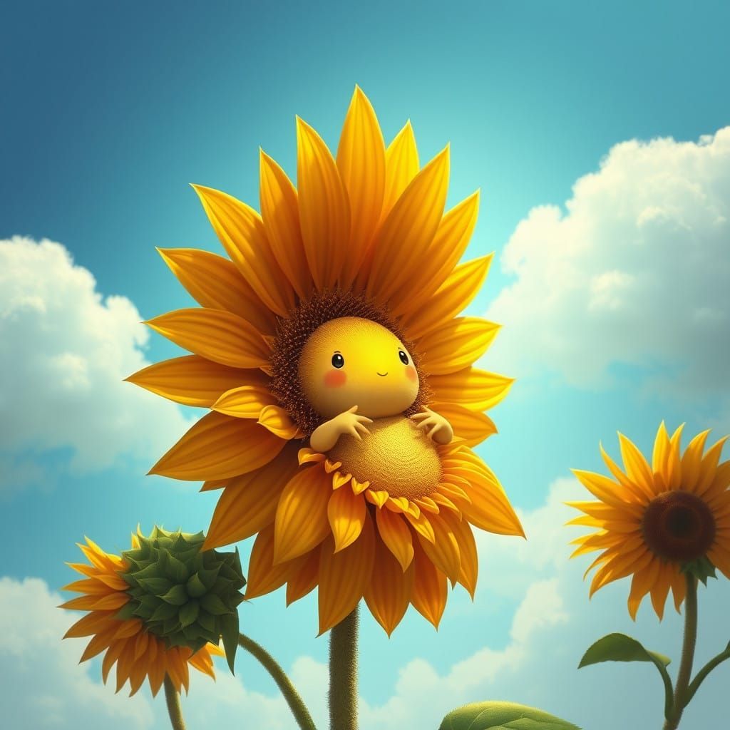 Whimsical Sunflower Creature in Dreamlike Art Style