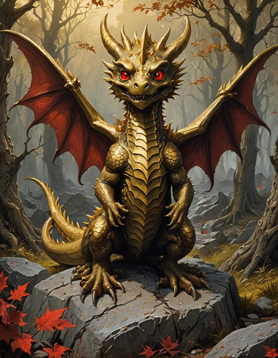 Golden Dragon in Dark Forest, Detailed Illustration