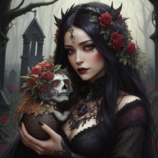 Gothic Sorceress in Forest Graveyard