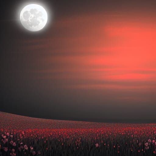 Glowing Red Flowers Field at Sunset: Digital Matte Painting