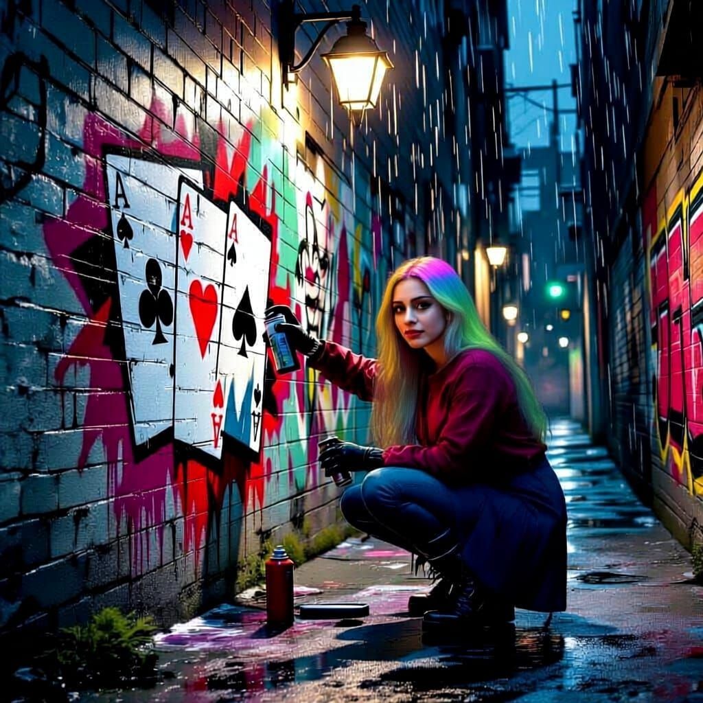 Street Artist Joker Sprays Playing Cards in Alley