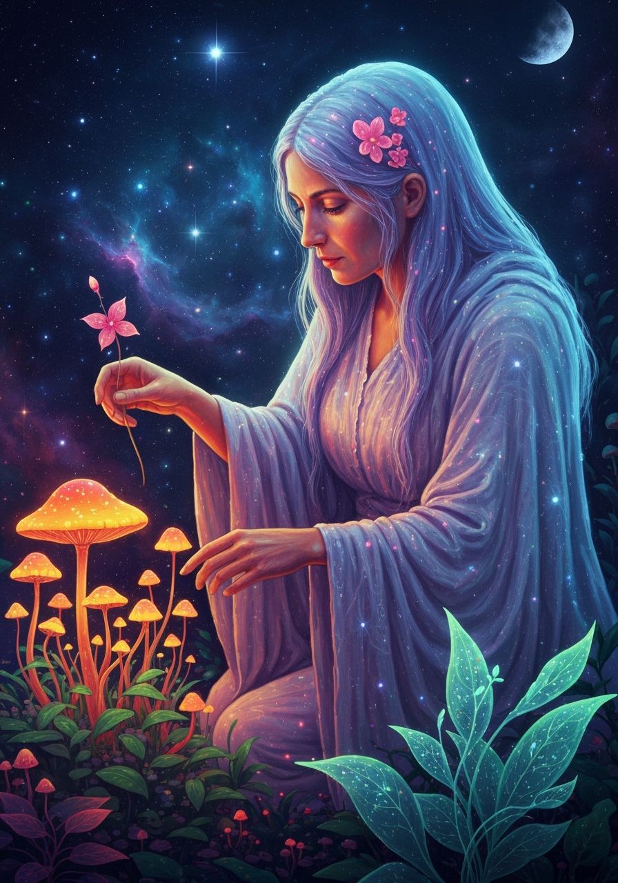 Cosmic Herbalist Tending Nebula Garden