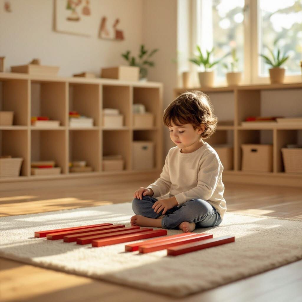 Montessori Classroom with Child Arranging Red Rods
