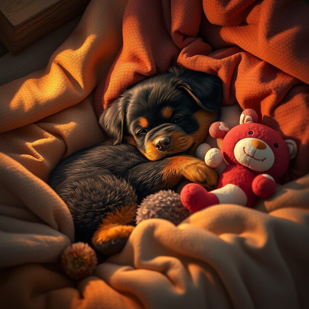 Cozy Rottweiler and Owner: Dreamlike Scene in Whimsical Styl...
