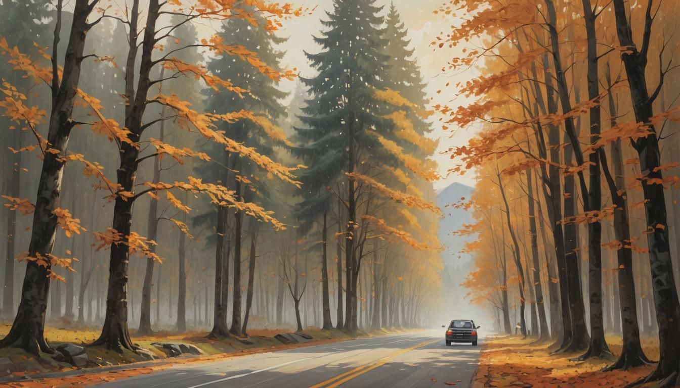 Autumn Road Landscape in Impressionist Style