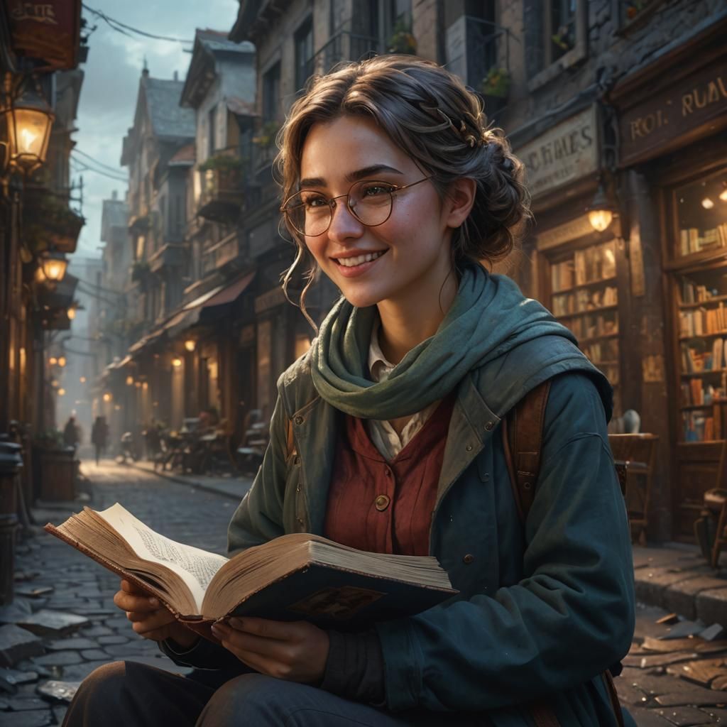 Smiling Girl Reading: Detailed Matte Painting
