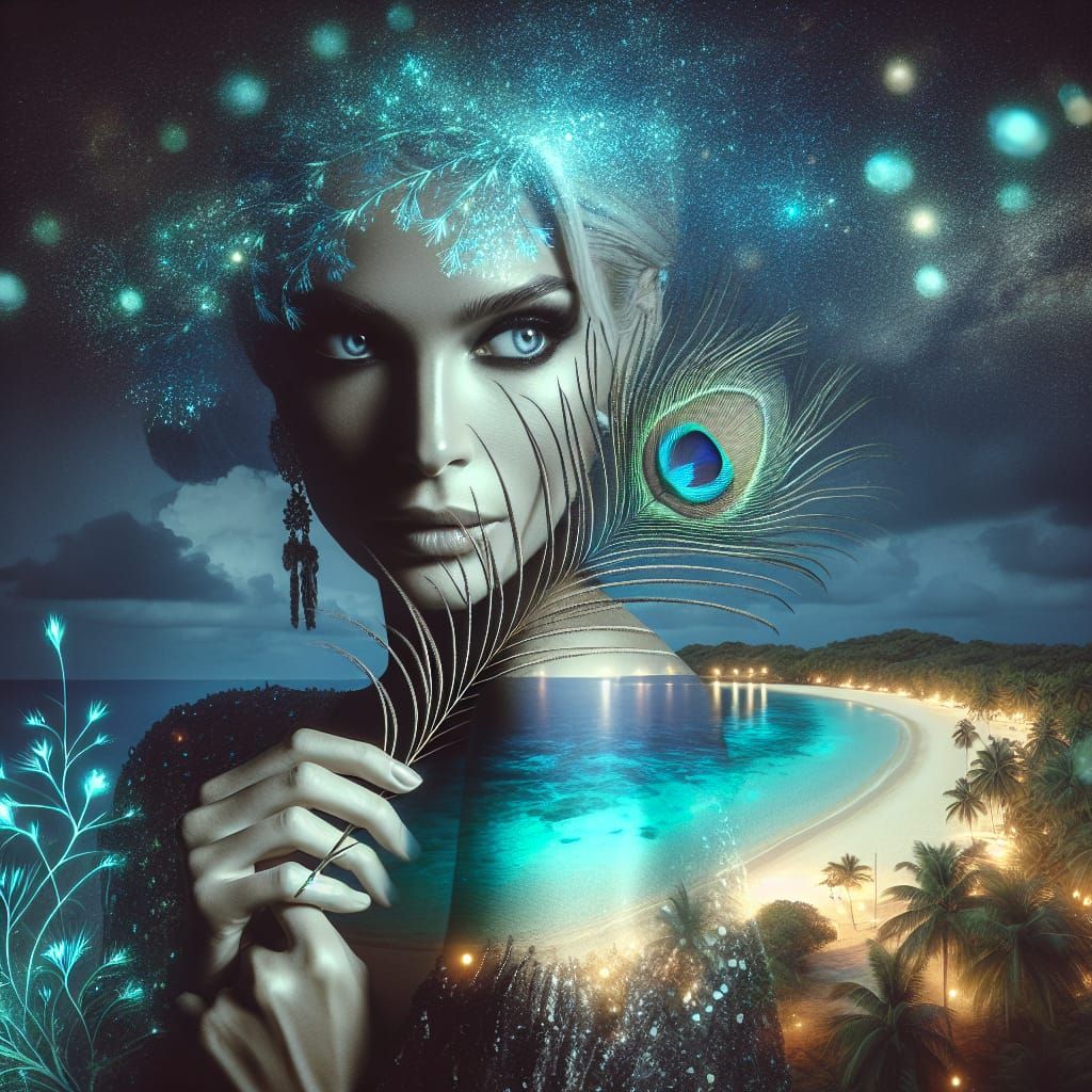 Fantasy Hyperrealism: Popstar and Bioluminescent Beach