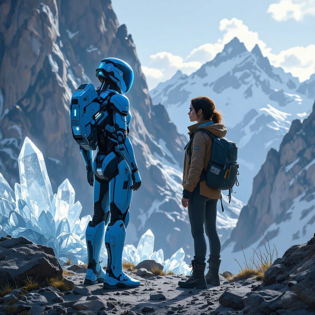 Android and Human Discuss Secrets on Mountain Peak