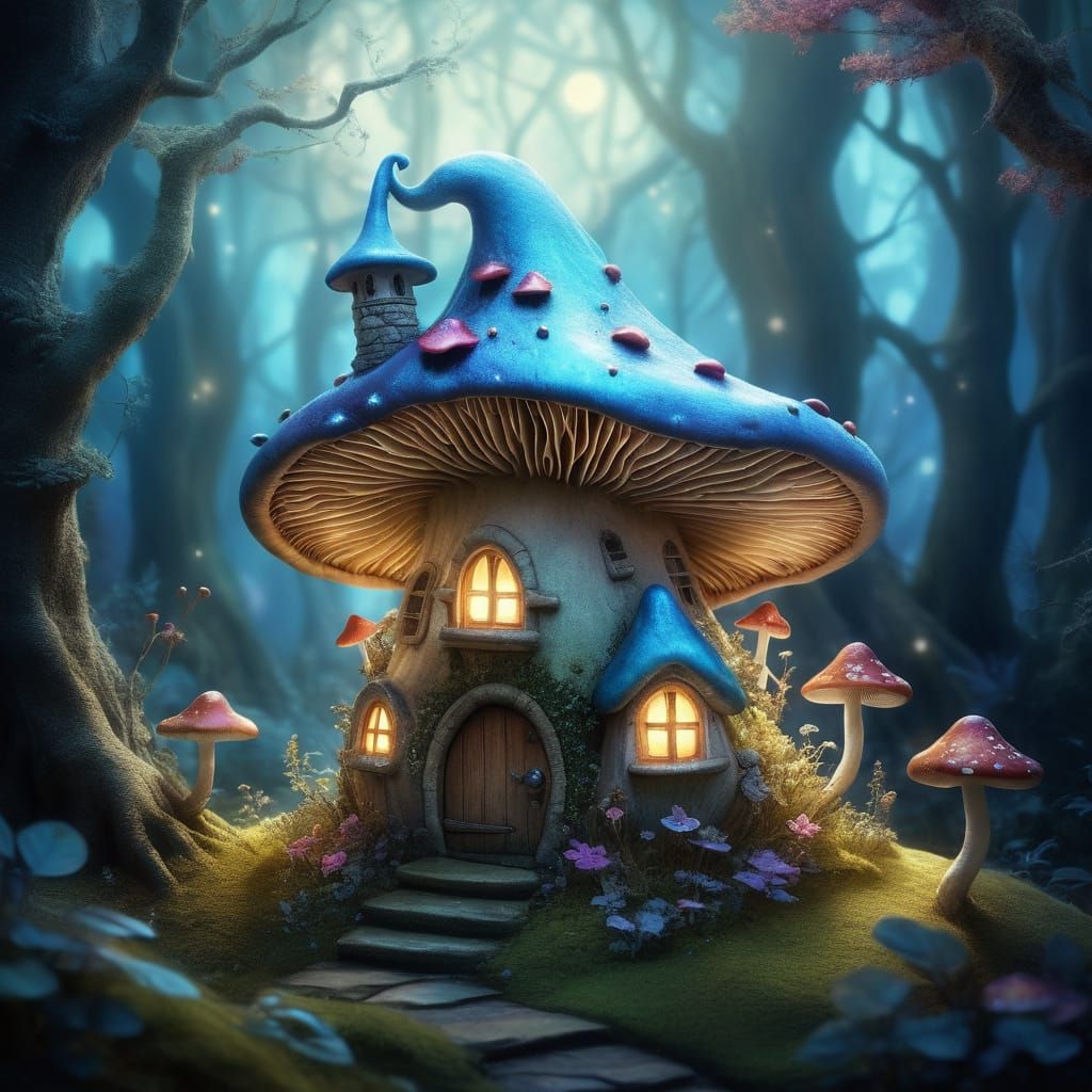 Whimsical Fairy Mushroom House in a Dreamlike Forest