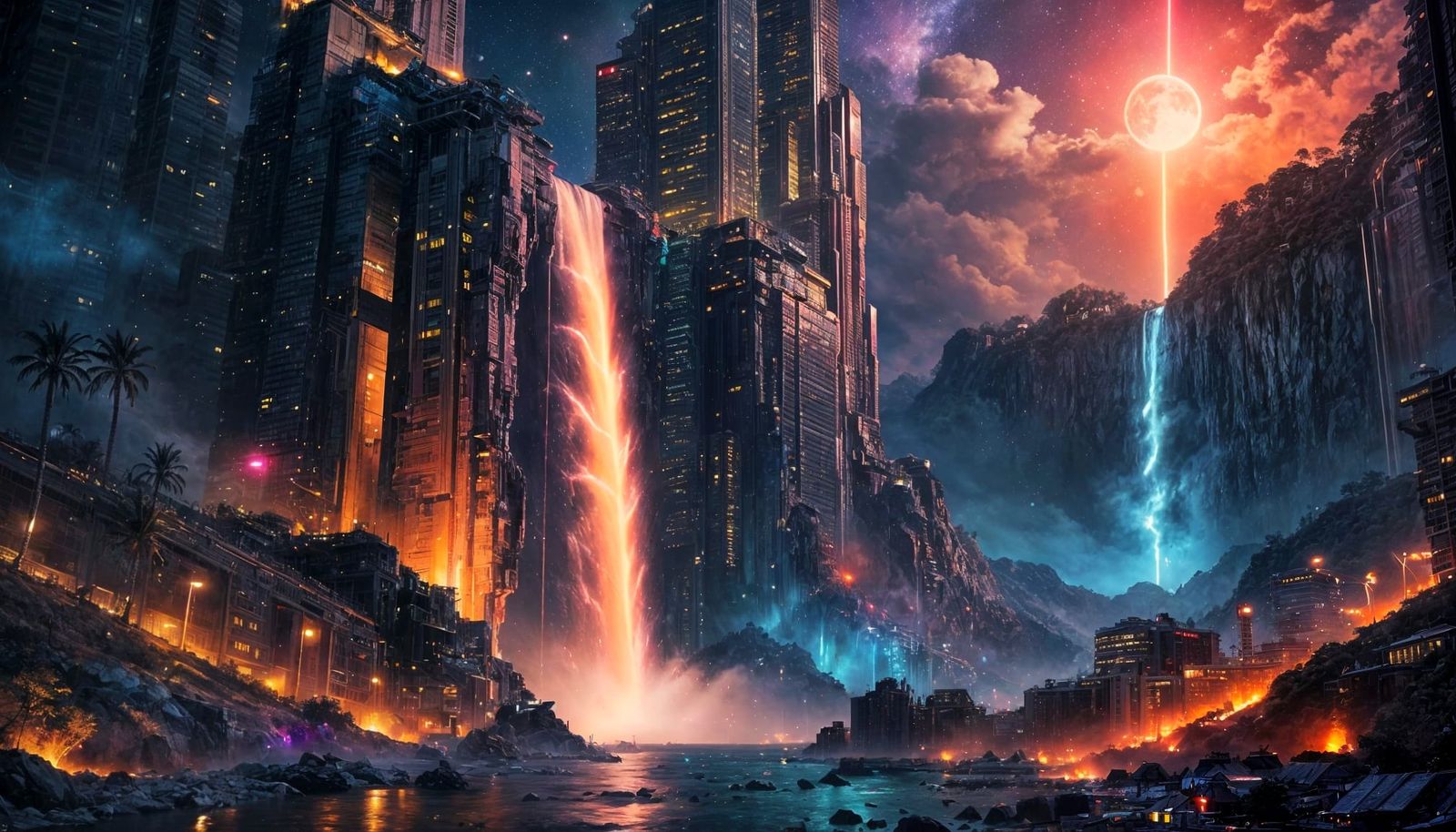 Cyberpunk Waterfall City at Night in Sfumato Style