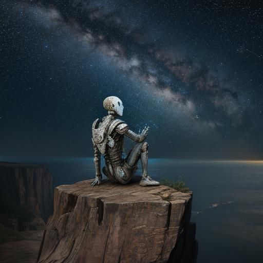 Weathered Robot Gazing at Stars on Cliff Edge