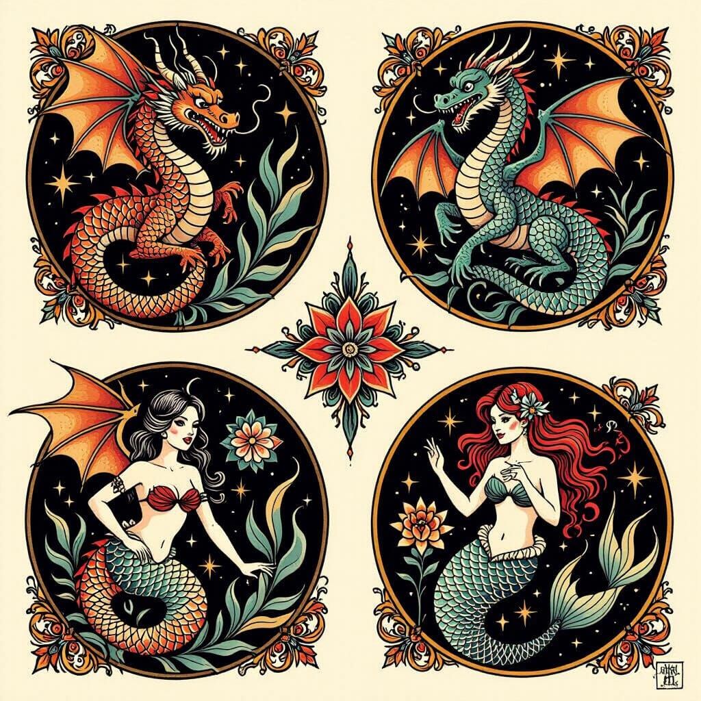 Fantasy Tattoo Flash Sheet in Classic Style