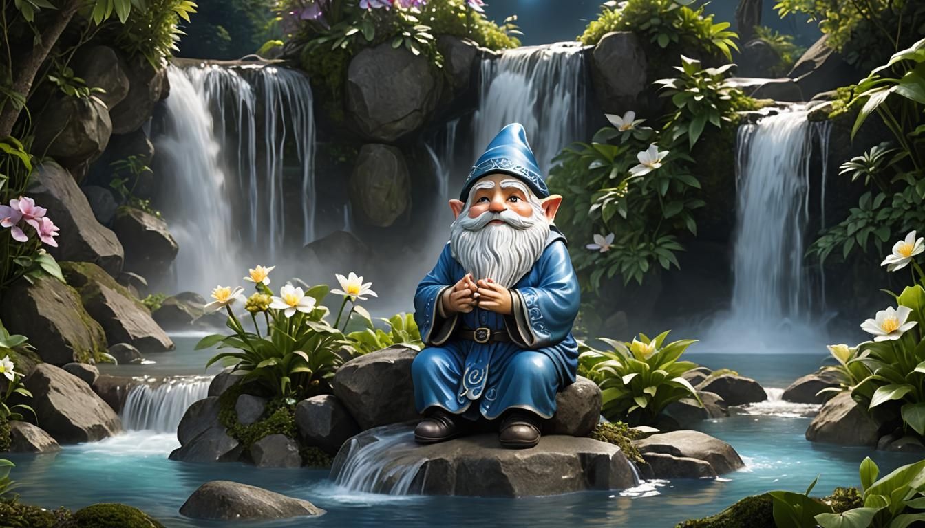 Gnome Meditating at Moonlit Waterfall