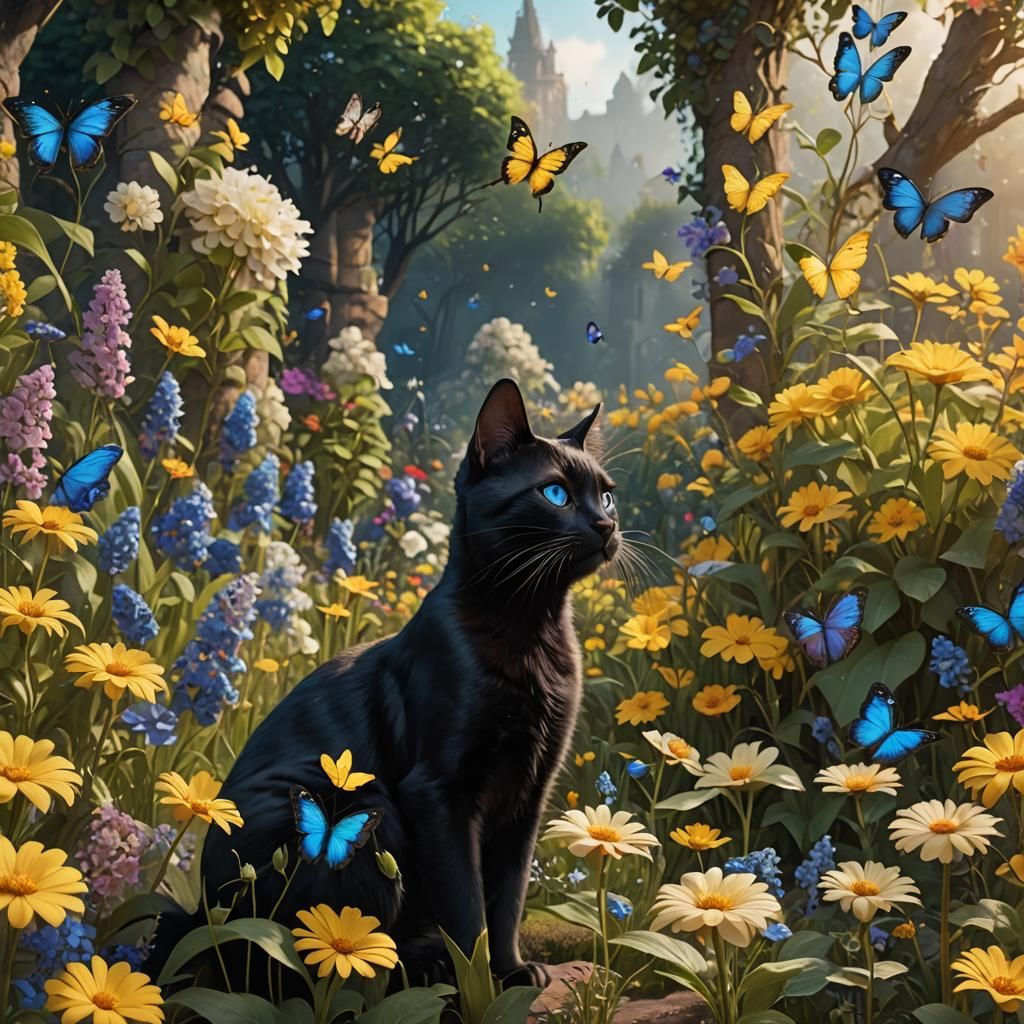 Black Cat in Flower Garden, Detailed Matte Painting