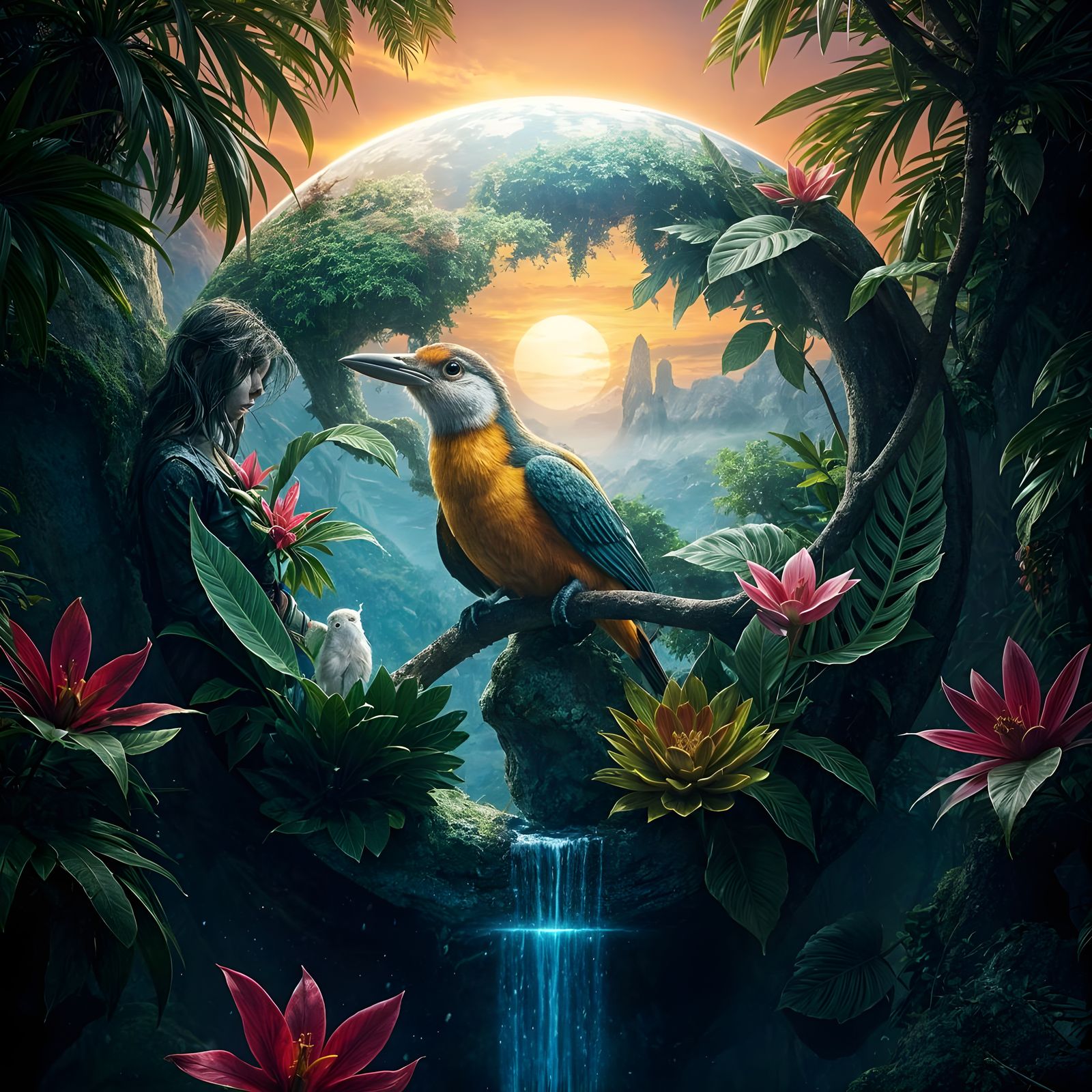 Vibrant 3D Rainforest Globe with Baby Bird and Magical Plant...