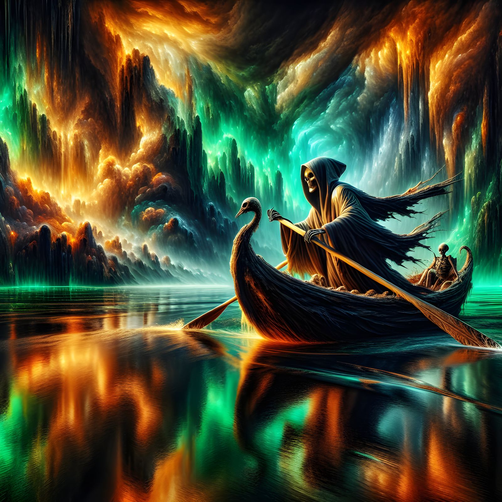 Grim Reaper Rows Boat on River Styx