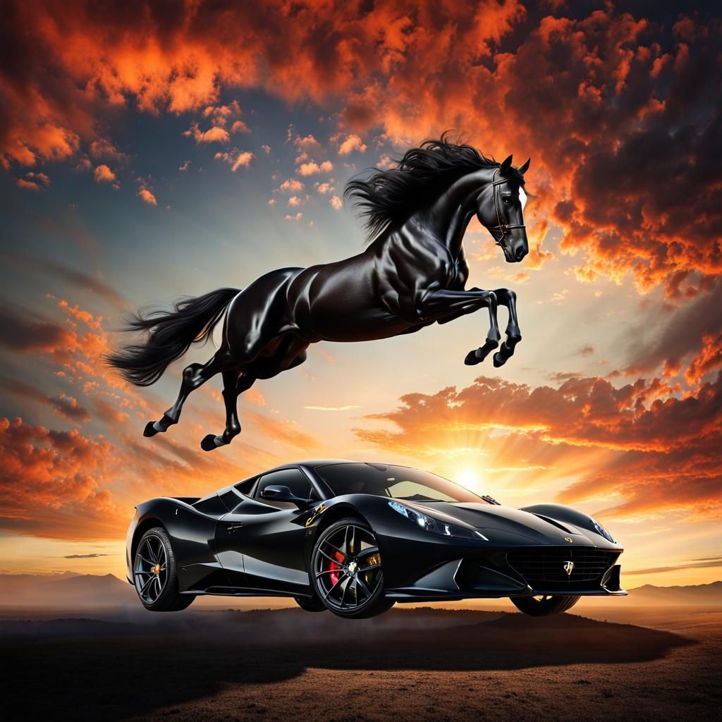Stallion Leaps Over Ferrari at Sunset