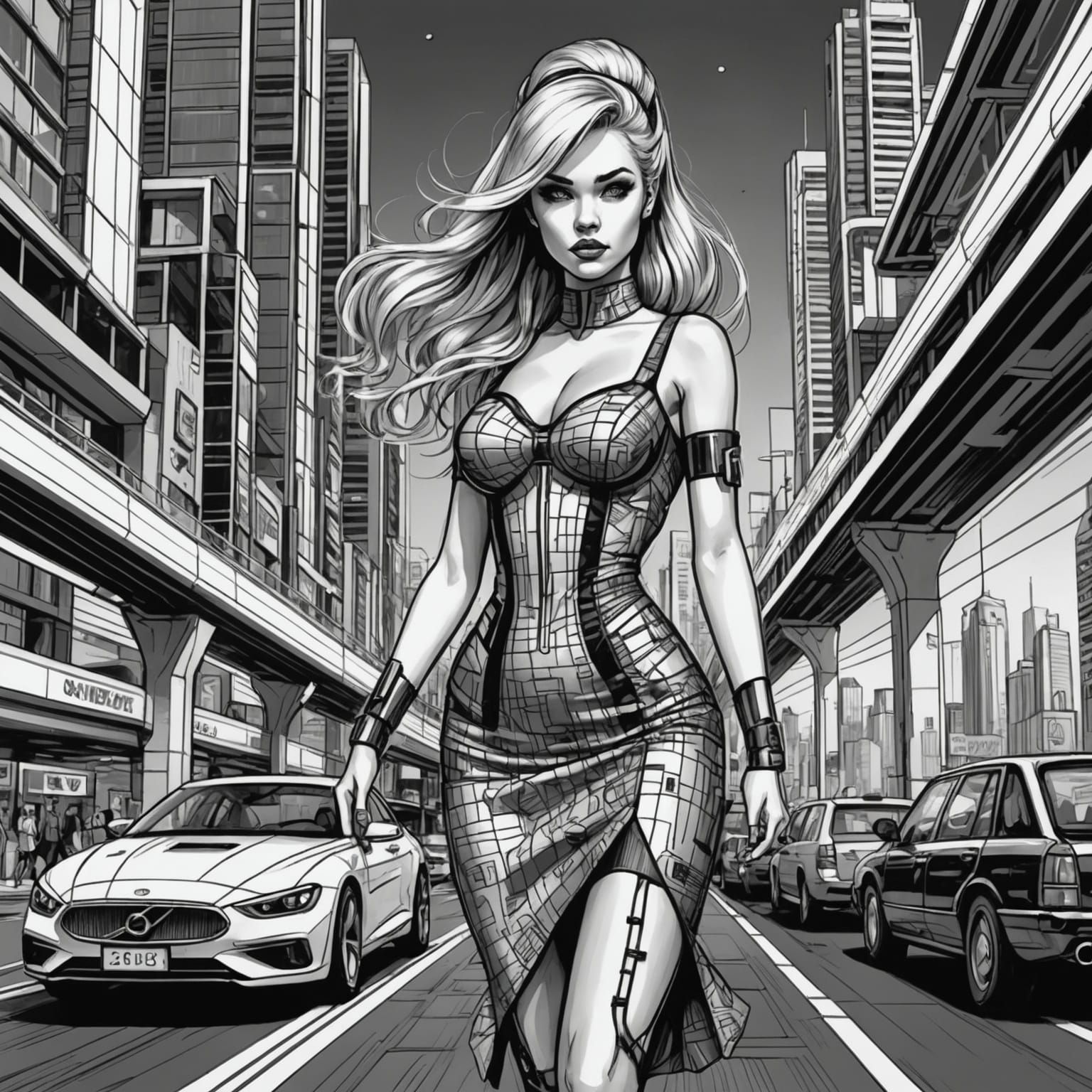 Sci-Fi Woman in City, Monochrome Doodle Art