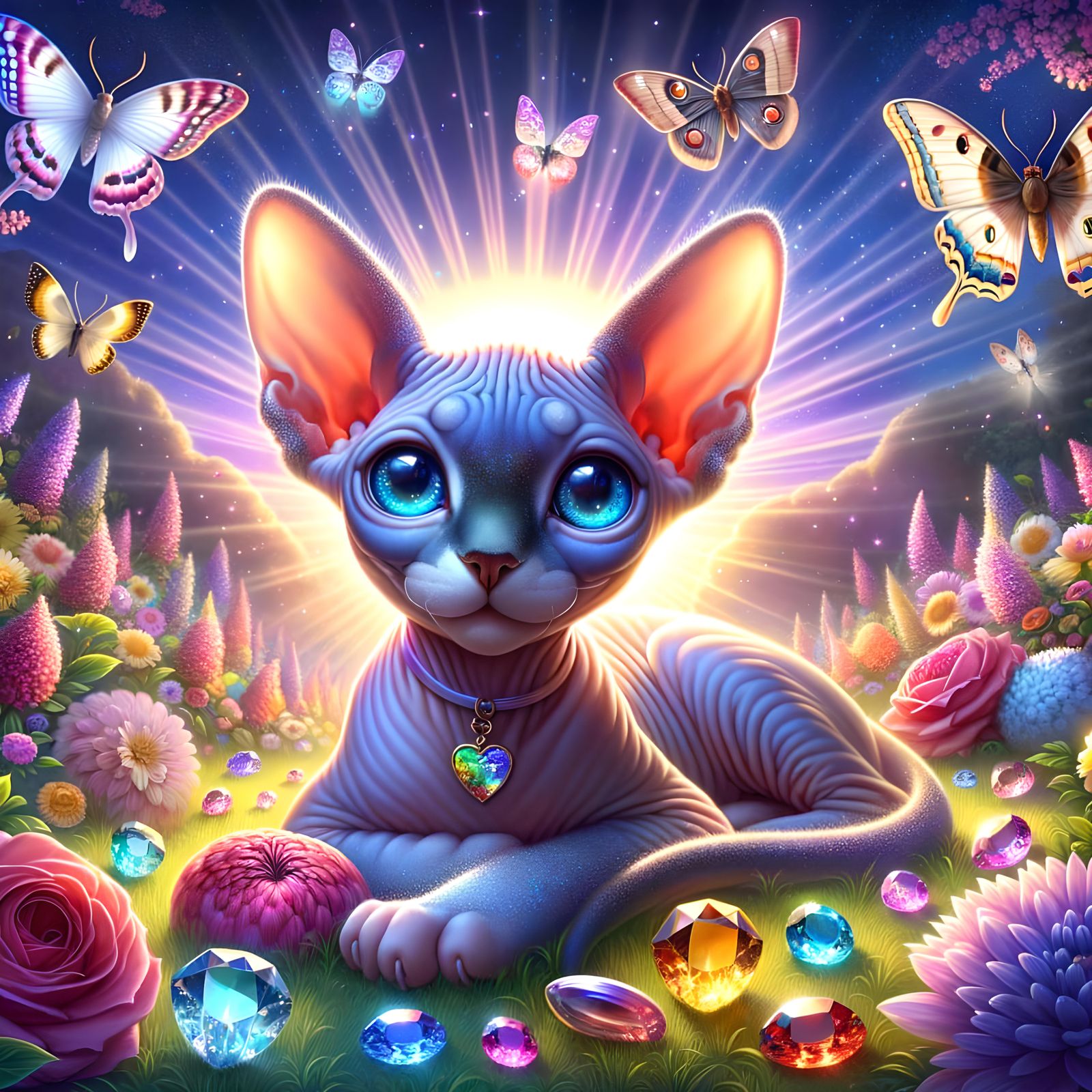 Blue Sphynx Kitten with Lunar Moths in Fantasy Meadow