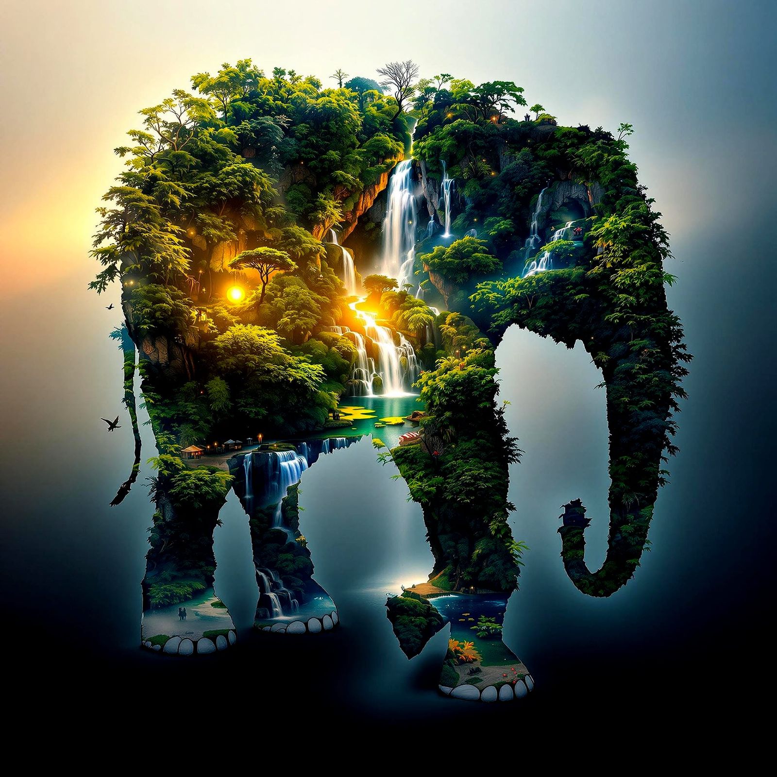 Elephant Silhouette Jungle Waterfall in Fantasy Style