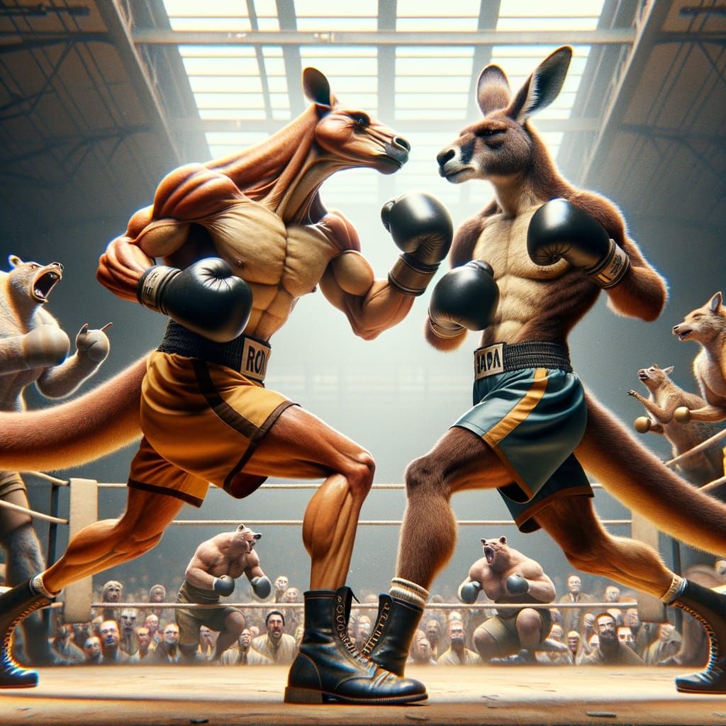 Early 20th Century Boxing Match Between Kangaroos in a Bustl...