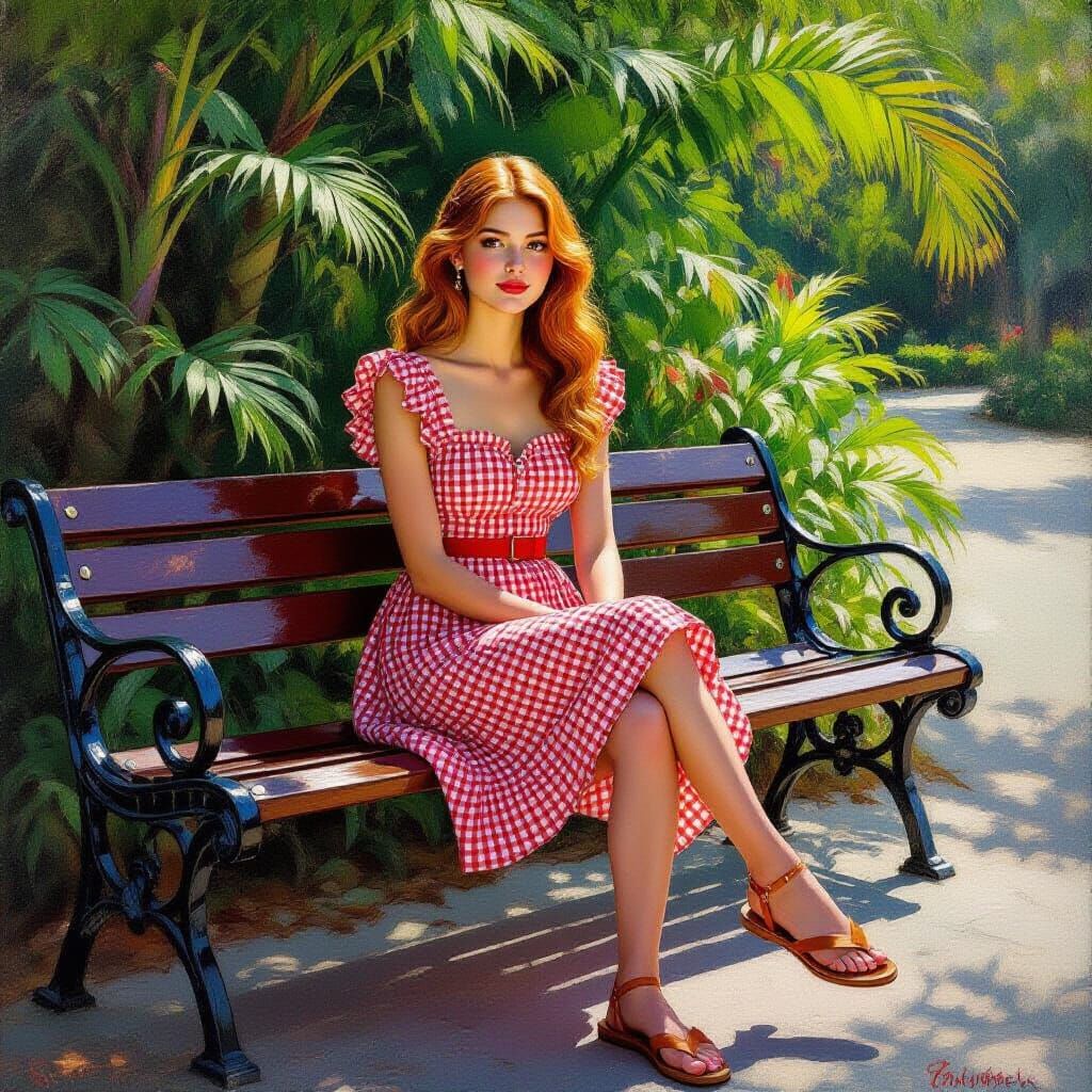 Strawberry Blonde Woman in Impressionist Garden Scene