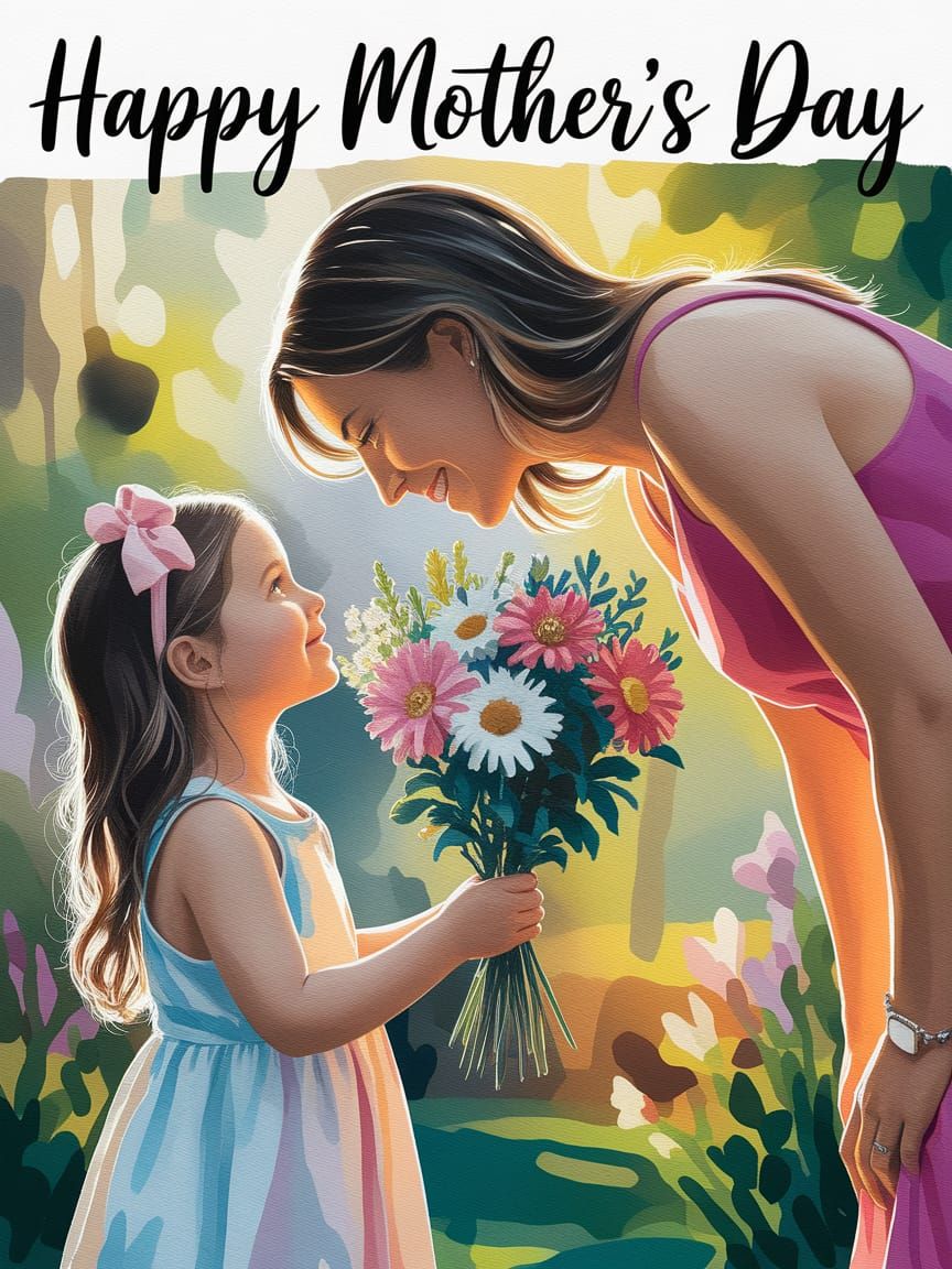 Mother and Daughter Share Warm Embrace in Vibrant Gouache Ma...