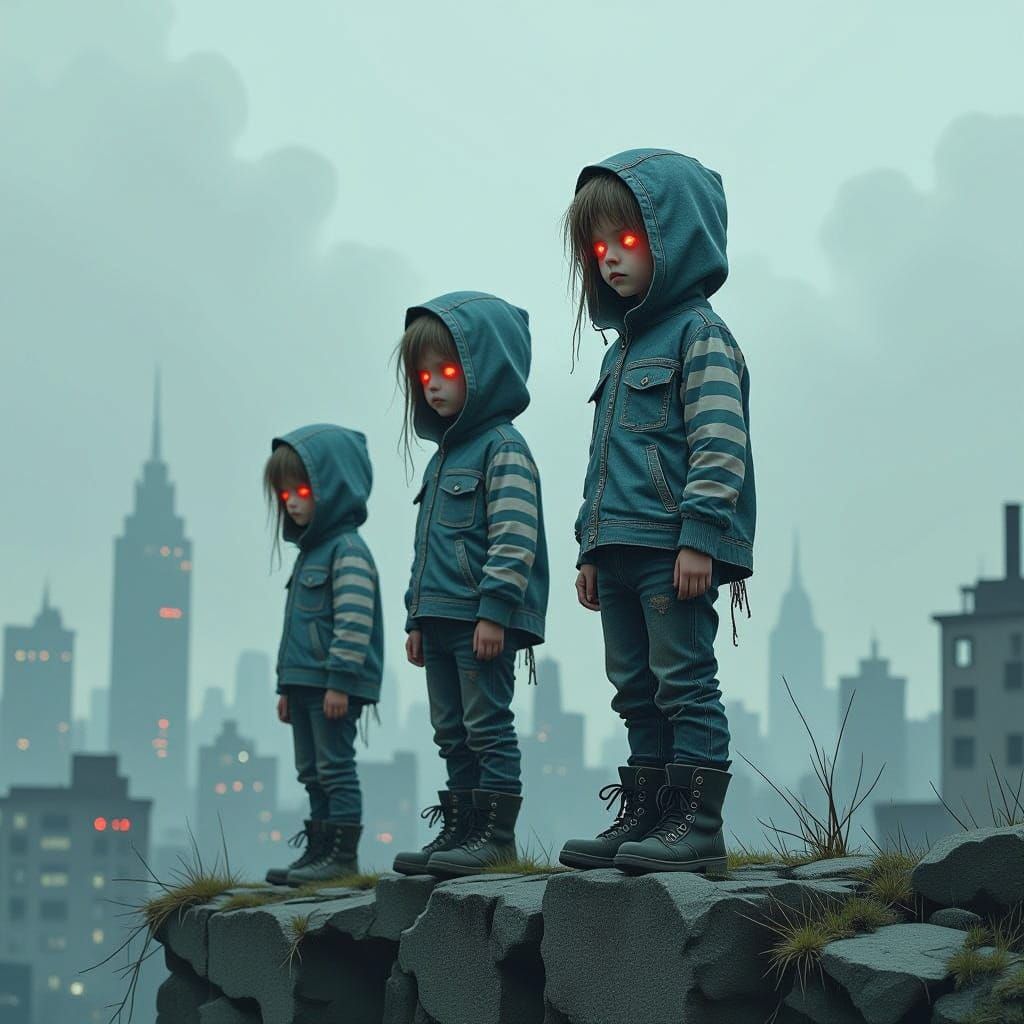Eerie Children Vigilantly Surveying a Desolate Cityscape